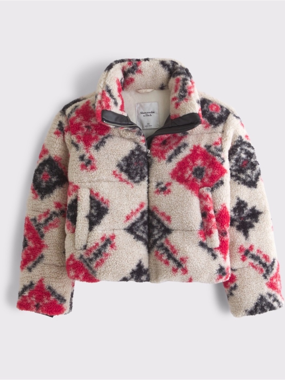 Abercrombie & Fitch Woman’s Short Cream Sherpa Jacket with  red & Black Pattern